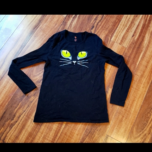 Black Cat Green eyes Halloween women's medium long sleeve soft tee 100% cotton - Picture 3 of 3